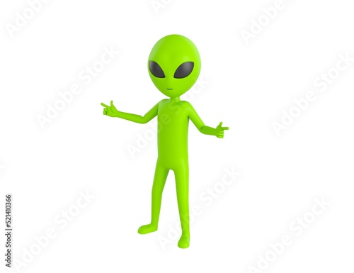 Alien character pointing index finger both two side in 3d rendering.