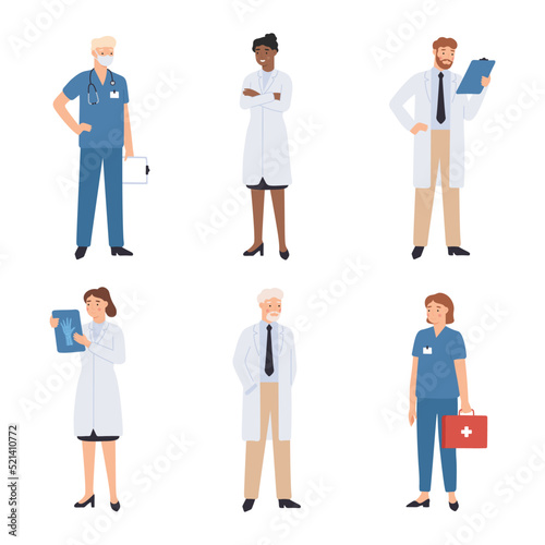 Medical staff doctor. Hospital worker characters in uniform holding x-ray picture, first aid kit. Surgeons, practitioners