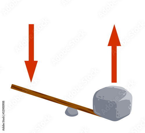 Lever of stick with stone. Lifting heavy cobblestone. Moving the boulder. Balancing and leverage