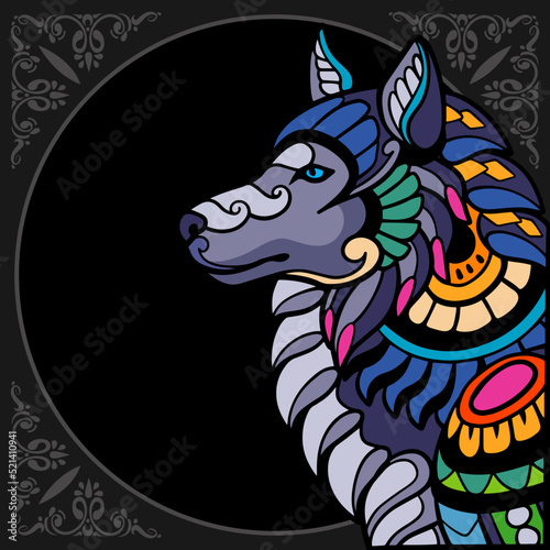 Colorful Wolf zentangle arts isolated on black background