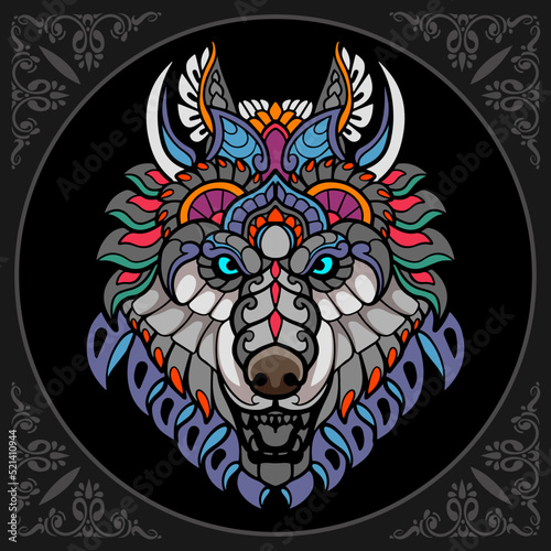 Colorful Wolf zentangle arts isolated on black background