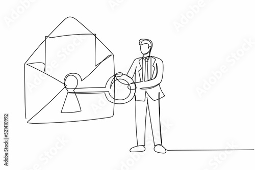 Continuous one line drawing smart businessman putting big key into mail. Message online security system protection personal information internet. Single line draw design vector graphic illustration
