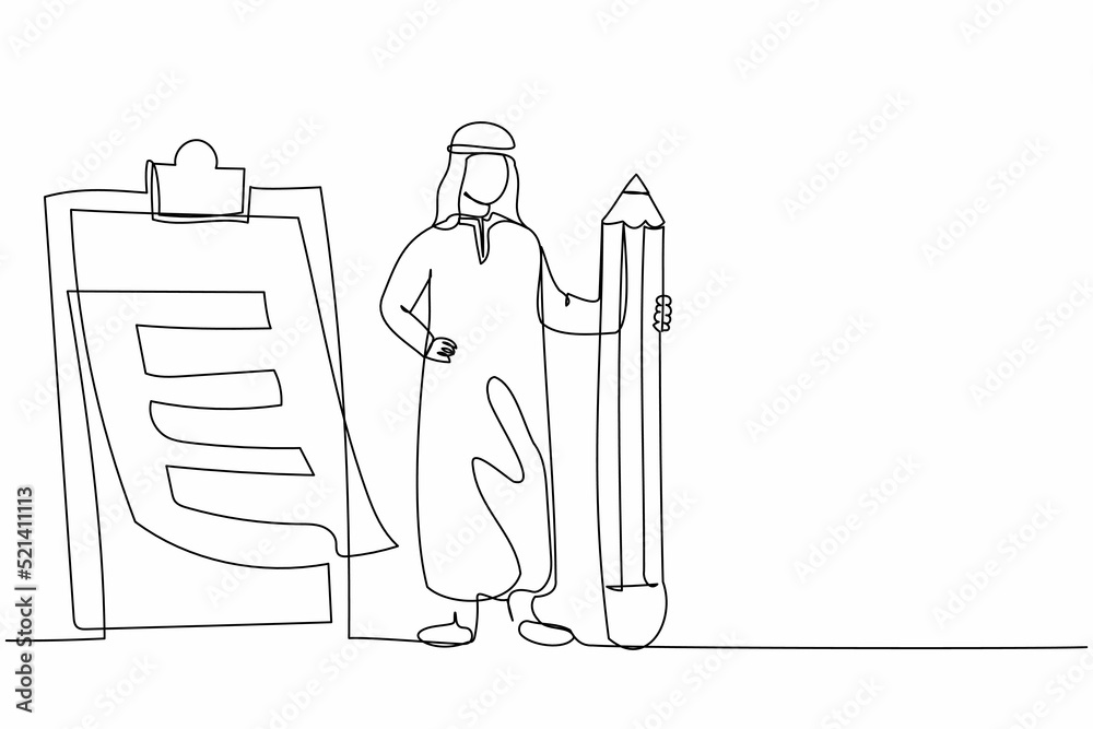 Single continuous line drawing Arabian businessman holding big pencil looking at completed checklist on clipboard. Business success completed plan concept. One line graphic design vector illustration Single continuous line drawing Arabian businessman holding big pencil looking at completed checklist on clipboard. Business success completed plan concept. One line graphic design vector illustration
