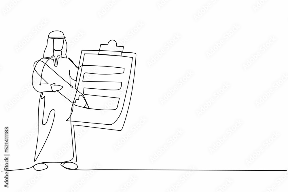 Single one line drawing Arab businessman standing and holding clipboard with checklist. Business success completed plan. Fulfilled tasks. Completed job. Continuous line draw design vector illustration