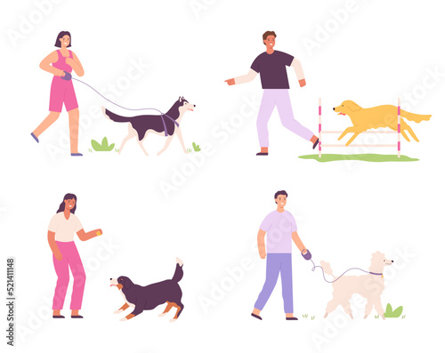 Men and women and domestic dogs activity. People walking with pets. Male and female characters training puppies