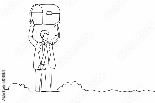 Single continuous line drawing active businessman lifting chest treasure in ground. Excited worker finding gem box artefact. Treasure gold hunting. One line draw graphic design vector illustration