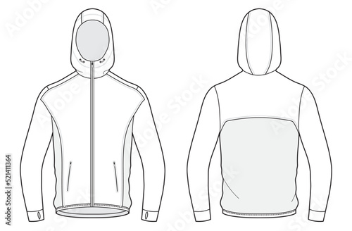 mens long sleeve hoodie jacket flat sketch vector illustration. jogging, running, cycling sports activities front and back apparel template