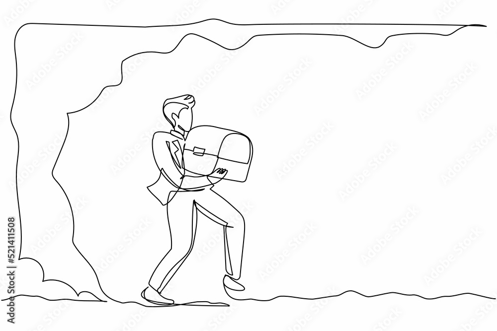 Continuous one line drawing happy businessman carrying treasure chest from underground. Treasure digging, growth wealth concept, hard working process. Single line design vector graphic illustration Continuous one line drawing happy businessman carrying treasure chest from underground. Treasure digging, growth wealth concept, hard working process. Single line design vector graphic illustration