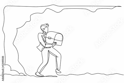 Continuous one line drawing happy businessman carrying treasure chest from underground. Treasure digging, growth wealth concept, hard working process. Single line design vector graphic illustration