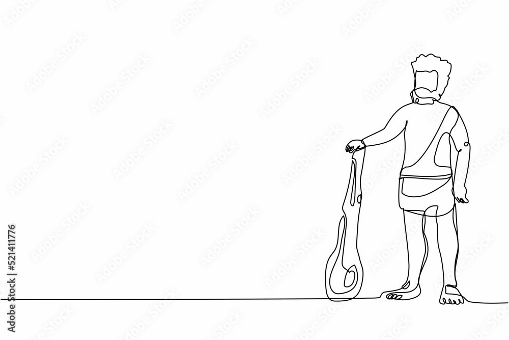 Single one line drawing primitive archaic man dressed in clothes made of animal skin and holding cudgel. Caveman from stone age. Neanderthal hunter. Continuous line graphic design vector illustration Single one line drawing primitive archaic man dressed in clothes made of animal skin and holding cudgel. Caveman from stone age. Neanderthal hunter. Continuous line graphic design vector illustration