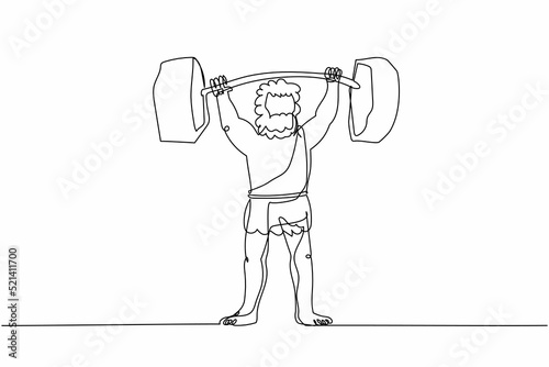 Single continuous line drawing prehistoric man lifting barbell stone. Weightlifter caveman from stone age. Man keeping fit by weight lifting. Dynamic one line draw graphic design vector illustration