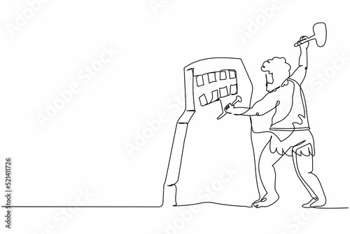 Single continuous line drawing wild caveman standing, writing, carving stone age inscription on rock. Prehistoric ancient primitive cave tribe man. One line draw graphic design vector illustration