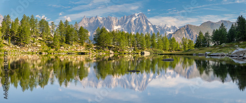 The panorama of Grand Jorasses massif over the Lago d Arpy lake.