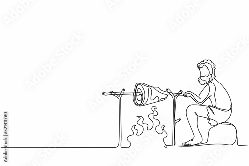 Continuous one line drawing stone age man sitting, cooking meat food on campfire. Prehistoric man sitting, cooking meat on bonfire. Ancient human. Single line draw design vector graphic illustration