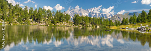The panorama of Grand Jorasses massif over the Lago d Arpy lake.