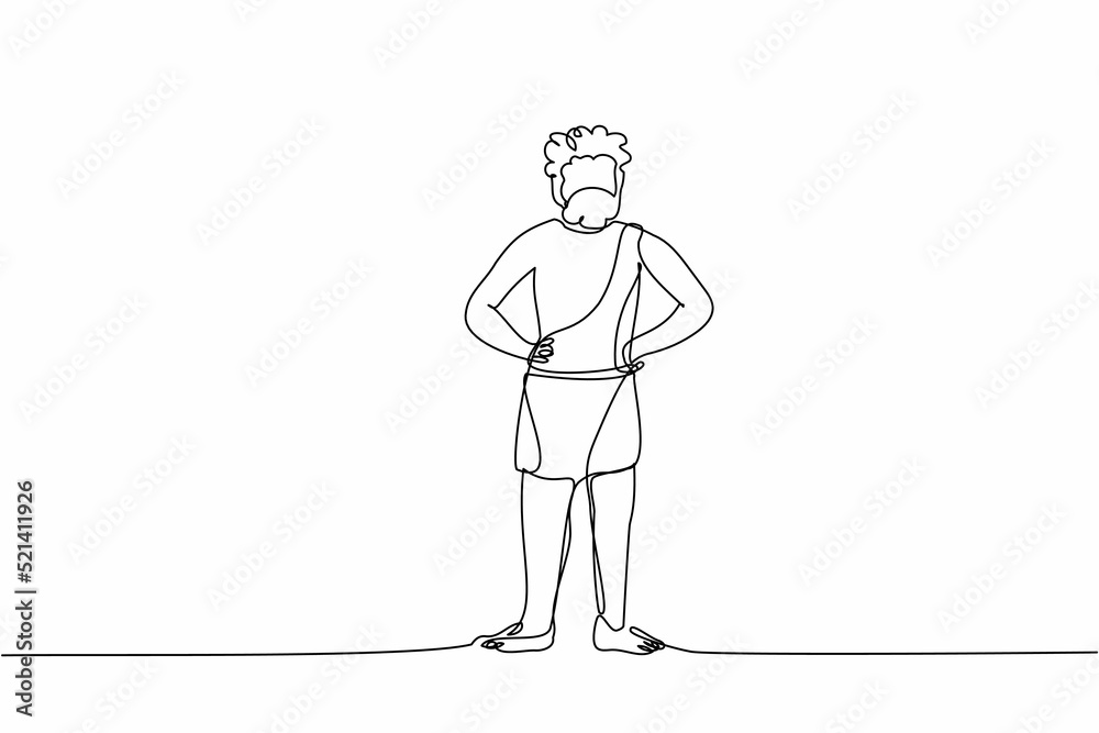 Single continuous line drawing prehistoric man standing with hands on waist pose. Prehistoric bearded man, primitive stone age caveman in animal pelt. One line draw graphic design vector illustration