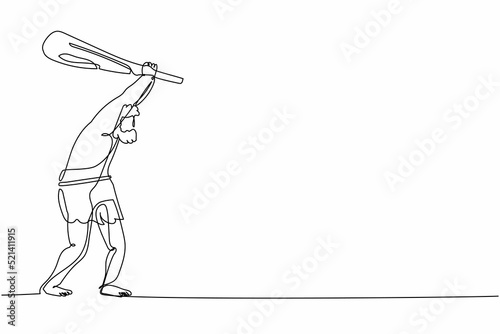 Single continuous line drawing caveman holding and raised cudgel overhead. Caveman and cudgel. Prehistoric man and club. Ancient stone age weapon. One line draw graphic design vector illustration