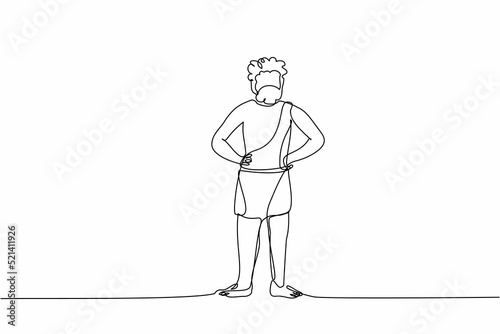 Single continuous line drawing prehistoric man standing with hands on waist pose. Prehistoric bearded man, primitive stone age caveman in animal pelt. One line draw graphic design vector illustration