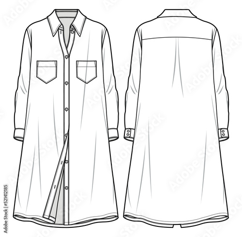 Long sleeve Shirt Dress, Flared Front Full Placket Kurta Front and Back View. fashion illustration vector, CAD, technical drawing, flat drawing.