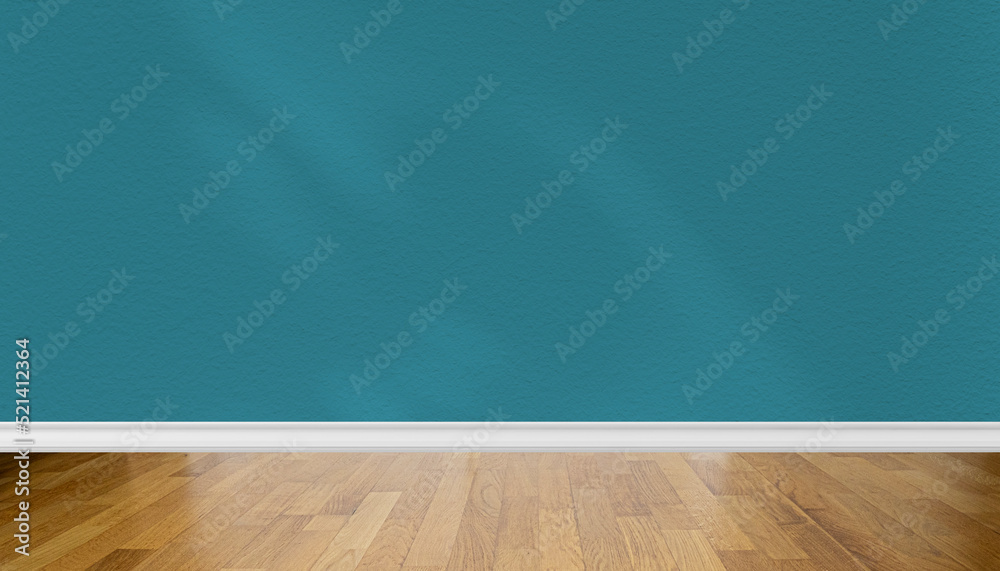 Empty living room interior, perspective of wooden parquet floor and dark blue wall with abstract sunlight shadows Empty living room interior, perspective of wooden parquet floor and dark blue wall with abstract sunlight shadows