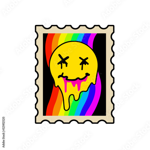Acid postage stamp with yellow smile face. Rainbow pattern. Rave and techno poster of 90s.