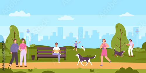 People walk in public park. Cartoon woman running with pet, man sitting on bench and reading book. Couple walking