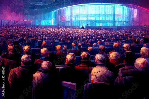 speaker in a futuristic hall in front of an audience