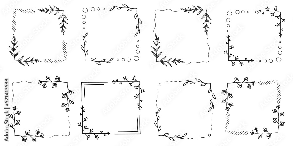 Set of square floral empty frame with branches and flowers. Elegant herbs or blossoms. Vector botanical outline borders set