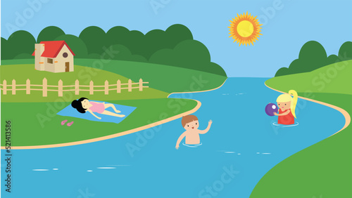 children swim in the river and sunbathe