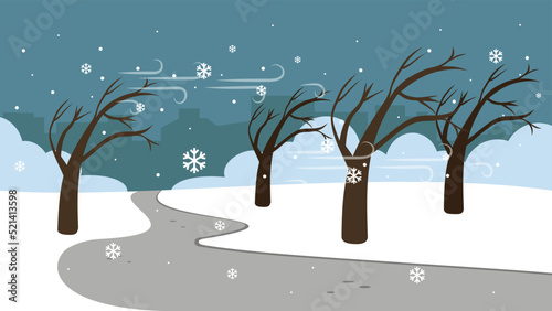 a heavy snowstorm tilts the trees