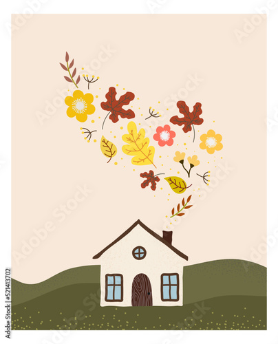 Autumn village house in authentic style, with chimney flowers. Autumn yellow leaves and flowers with berries. For postcard, poster, interior.