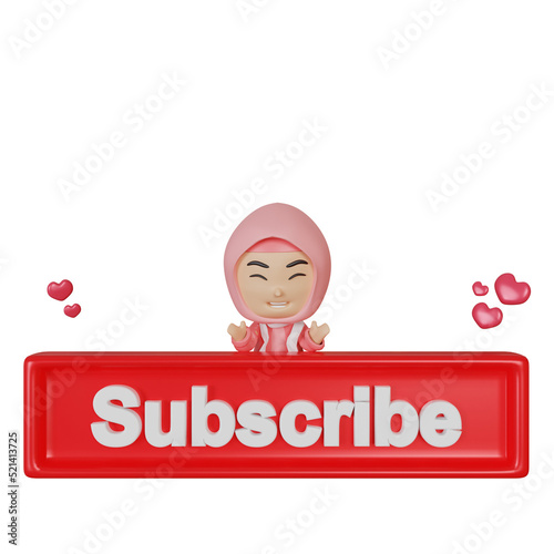 3d rendering cute character girl subscribe
