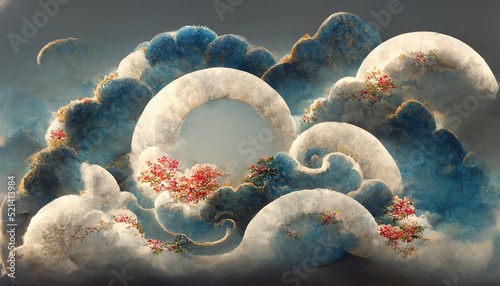 Asian cloud ornament. Chinese Japanese Korean oriental contour of festive decorative elements, traditional background isolated on white background.3d render photo