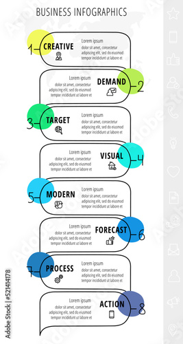 Vector infographic thin line. Speech bubbles design label with icons. Template Inforgraphics with 8 steps. Modern business concept of dialog or conversation