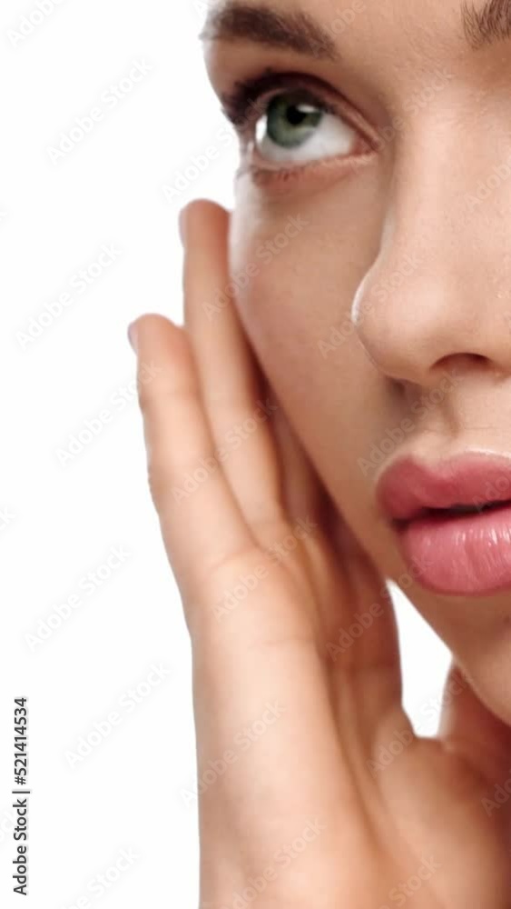 vertical video of woman touching neck and face isolated on white vertical video of woman touching neck and face isolated on white