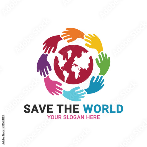 Save the world logo, Human hands holding globe, Teamwork hands logo, helping hands logo template