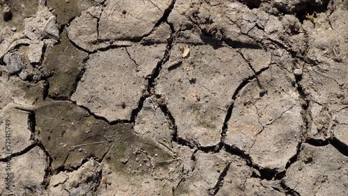 Dolly shot of dry cracked soil surface. Macro slide shot of dried mud.