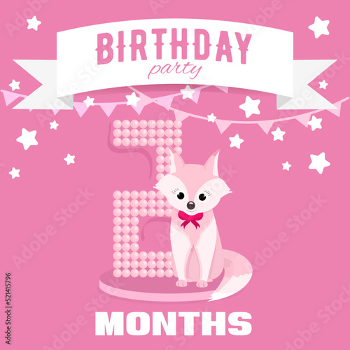 Birthday party invitation for the girl's second month birthday with little fox, stars and flags. Children's 2 month party. Pink color pallete. Flat illustration. Square format. 