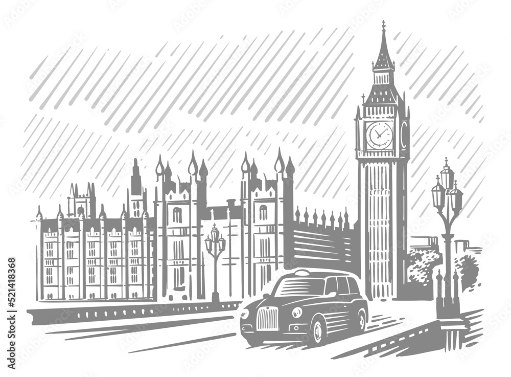 London city with Big Ben. Hand drawn line sketch European old town.