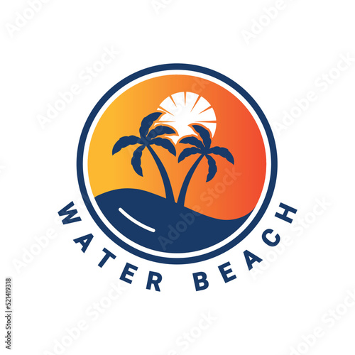 Beach logo, tropical island logo, Palm tree summer logo template, Wave and Sun vector