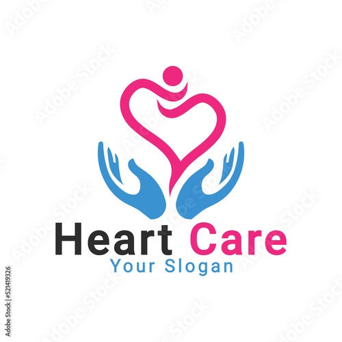 Heart care logo, Hands with heart logo, healthy life care logo template