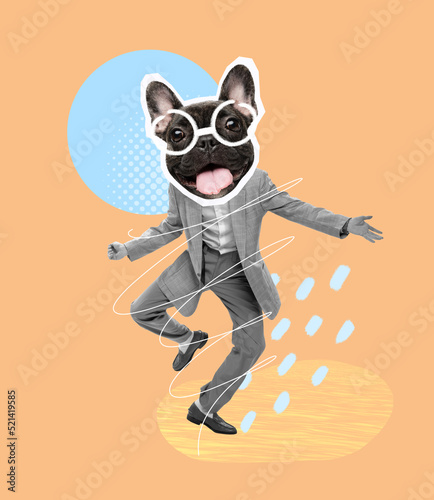 Contemporary art collage. Man, businessman in official suit with dog muzzle, pug head dancing isolated over orange background