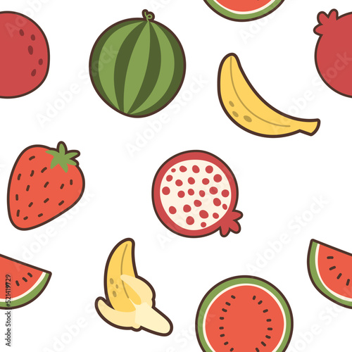 Fototapeta Naklejka Na Ścianę i Meble -  Vector seamless pattern with fruits. Abstract repeating background. Watermelon, banana, strawberry, pomegranate.