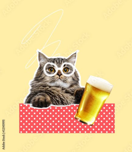 Contemporary art collage. Cheerful design with cute furry catt in glasses drinking beer isolated on yellow background. Friday mood photo