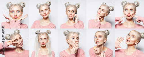 Collage of people. Studio portrait of young blonde girl with two hair buns, making different emotions and gestures, using smartphone, wearing pink shirt, white background. Panoramic banner view.