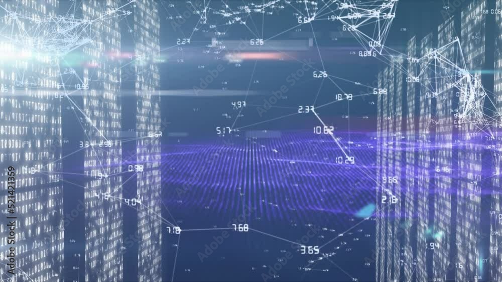 Animation of network connecting dots with financial data, wireframe pattern on digital interface