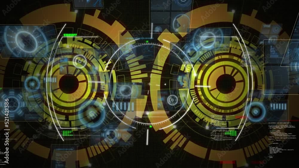 Animation of infographic data processing with golden huds on digital interface Animation of infographic data processing with golden huds on digital interface