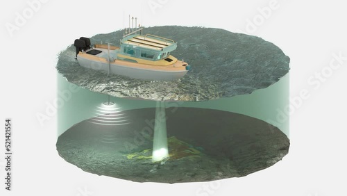 Scheme of a speedboat for measuring depth with a water section and bottom relief. Bathymetry. Isolated on white. 3d-rendering