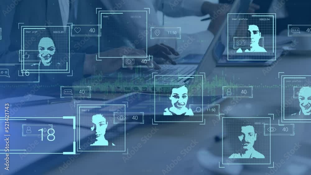 Animation of multiracial user profiles scanning on digital interface, colleagues working on laptops