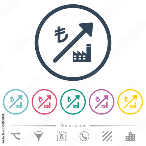 Rising power plant turkish Lira prices flat color icons in round outlines